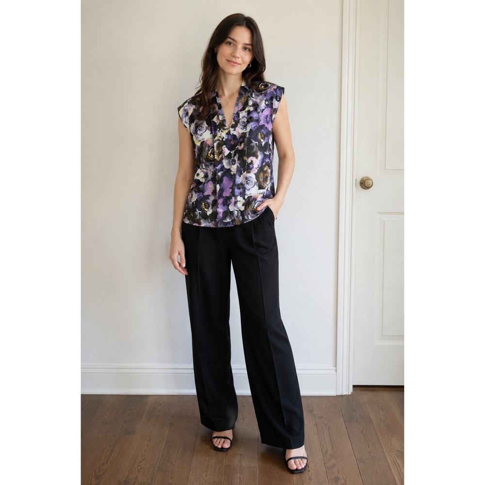 Craig Taylor Audrey Fit 100% Silk Blouse Women's‎ M Purple Floral Sleeveless Tie